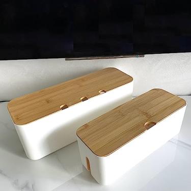 Imagem de 2 caixas de gerenciamento de cabos | Caixa organizadora de cabos | Esconder e ocultar tiras de energia e cabos elétricos de TVs, computadores e mesas (branco, 2 peças)