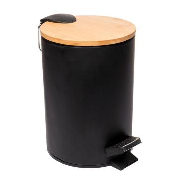 Imagem de Lixeira Redonda de Metal com Pedal e Tampa em Bambu Preta 5L 220226 - Lyor