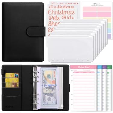 Imagem de SKYDUE Fichário de orçamento A6, organizador de dinheiro para dinheiro com 8 envelopes com zíper, 12 folhas de orçamento de despesas e 24 etiquetas adesivas de ouro rosa, fichário de economia de dinheiro para orçamento (preto)
