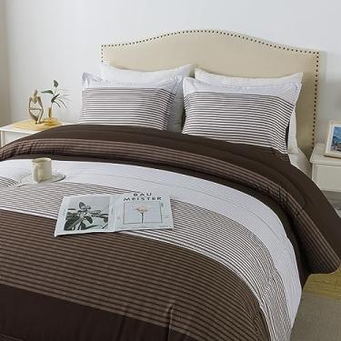 Imagem de Andency Conjunto de edredom listrado tamanho casal (199 x 222 cm), 3 peças de edredom listrado marrom escuro, microfibra macia, alternativo, conjunto de cama com laços de canto