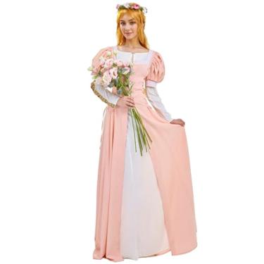 Imagem de daizbella Vestido Renascentista Feminino Medieval com Mangas Bufantes Fantasia Histórica do Século XVI Vestido falso de duas peças, rosa, X-Small