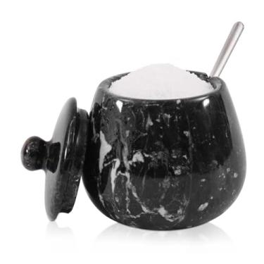 Imagem de Saleiro de mármore com tampa preta recipientes de sal e pimenta feitos à mão de 8,4 cm para bancada, caixa de sal, recipientes de açúcar, suporte de sal com tampa e colher, adega de sal