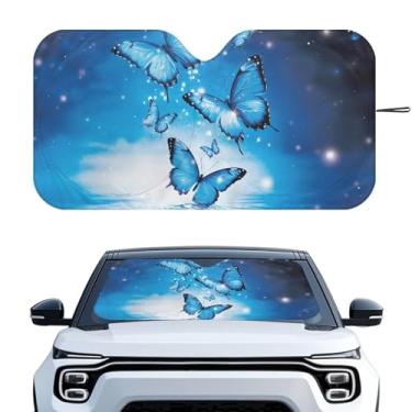 Imagem de Renewold Blue Butterflies Pára-brisa automotivo bloco de proteção solar calor luz solar UV brilho dobrável janela frontal de carro protetor solar viseira solar para homens mulheres manter veículos