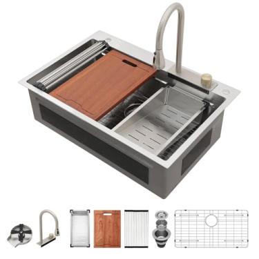 Imagem de Lordear Pia de cozinha em cascata 33 - pias de aço inoxidável de 83 x 55 cm, tigela única, medidor 16, pia de estação de trabalho inteligente com torneira, enxaguador de vidro, pias multifuncionais em