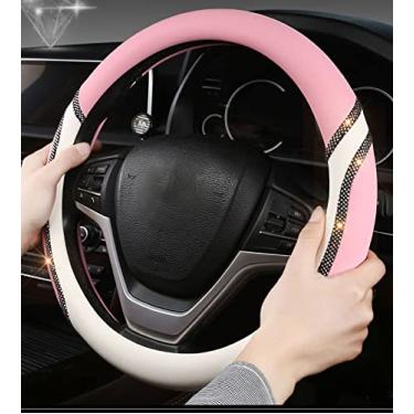 Imagem de Capa de volante de carro de couro para mulheres quatro estações capas de volante de carro cor universal capa protetora antiderrapante (rosa - branco-forma-O)