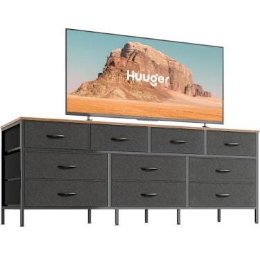 Imagem de Huuger Cômoda de 163 cm para quarto, cômoda longa com 10 gavetas de tecido, suporte de TV para TV de 55, 65, 70 polegadas, organizador de armazenamento de brinquedos para armário, marrom rústico e