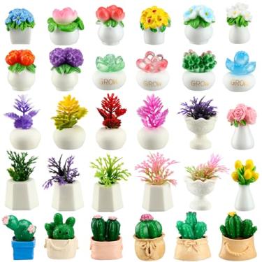 Imagem de Threehoney 30 Pcs Miniature Dollhouse Plants Accessories Mini Artificial Potted Flower Tiny Resin Greenery Cactus Figurines for Doll House Gift DIY Garden Bonsai Micro Landscape Decoration(Succulents)