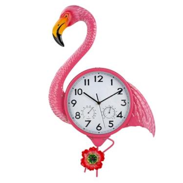 Imagem de HOBYLUBY Relógio grande ao ar livre, silencioso, sem tique-taque, relógio de parede ao ar livre flamingo com termômetro e umidade decorativos, relógios externos para pátio, jardim, decoração de casa