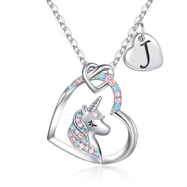 Imagem de Hidepoo Colares de unicórnio com pingente de coração colorido CZ para meninas, presente de aniversário, presente de Natal para netos, meninas, crianças, Zircônia cúbica