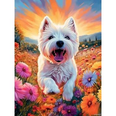 Imagem de LIHVBDY West Highland White Terrier Daisy Flowers DIY 5D Kits de pintura de arte de diamante redondo completo broca de diamante por números Kits para iniciantes pedras preciosas ponto cruz para