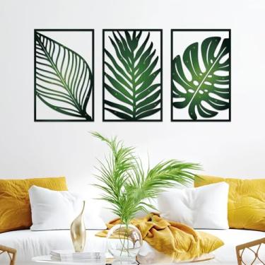 Imagem de Resama 3 peças de arte de parede de metal boho decoração folha placa parede vintage planta tropical parede rústica folha de palmeira metal escultura de parede para sala de estar banheiro quarto