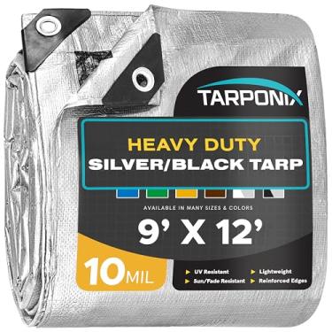 Imagem de Tarponix Lona resistente de dupla face de 2,5 m x 30 cm – capa prateada e preta resistente a rasgos de 10 mil com bordas reforçadas e ilhós antiferrugem