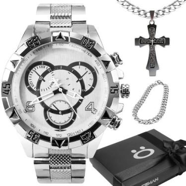 Imagem de Kit relógio Masculino aço Prata prova agua corrente Conjunto - Orizom
