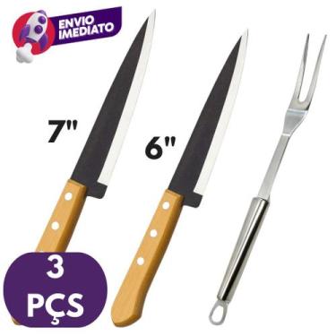 Imagem de Kit Churrasco 1 Garfo Trinchante Pegador Aço Inox e Faca 6 e 7" Jogo C