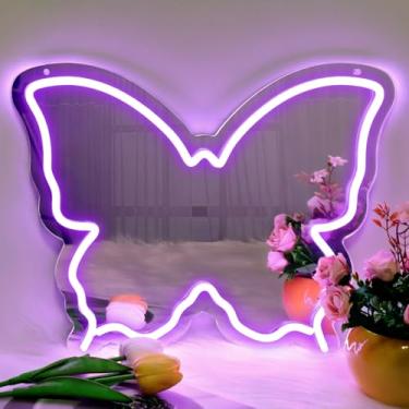 Imagem de Espelho de letreiro neon borboleta, letreiros neon de LED para decoração de parede, luz neon regulável de 40 cm x 30 cm para adolescentes e crianças, presente de festa de aniversário, placa de néon