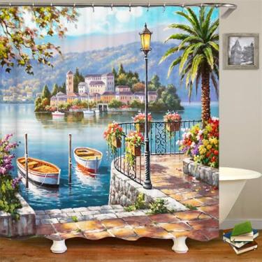 Imagem de Cortina de chuveiro de banheiro com impressão de paisagem de cidade rural, cortina de poliéster com pintura de cenário, decoração para casa, JK3723, L90 x A180 cm
