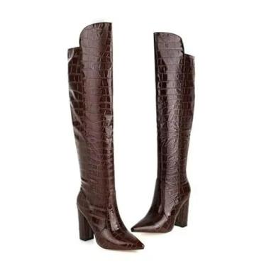 Imagem de Bota Feminina Over the Knee em Couro Croco Marrom, Salto Alto 10cm, Cano Longo (Marrom, BR, Adulto, Numérico, M, 35)