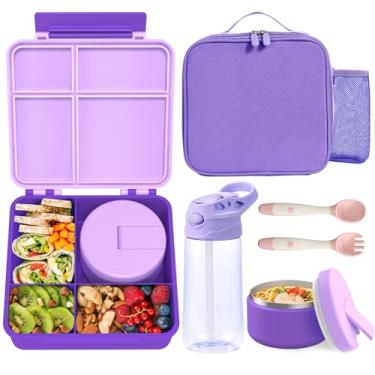 Imagem de Lancheira infantil Bento com garrafa térmica de sopa de 227 g, garrafa de água, lancheira infantil à prova de vazamento com 4 compartimentos, pote isolado para comida quente com lancheira para escola