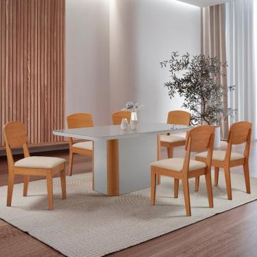 Imagem de Mesa De Jantar Isadora 180cm Tampo Mdf Vidro Com 6 Cadeiras Veludo Creme Off White Natu...