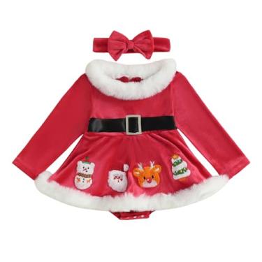 Imagem de Kuriozud Macacão de manga comprida com babados e faixa de cabeça para bebês recém-nascidos (rena de homem de neve, árvore de Papai Noel, 3 a 6 meses)