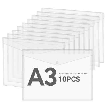 Imagem de 10 envelopes de plástico de 28 x 43 cm, envelopes de poli, pasta de arquivo transparente com fecho de pressão A3, tamanho carta, pastas de plástico para escola, casa, trabalho, escritório