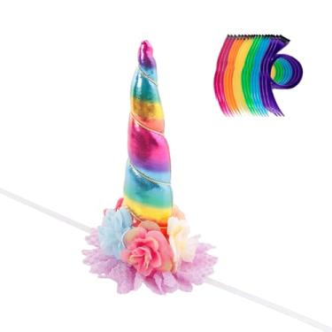 Imagem de Nishine Faixa de cabeça de chifre de unicórnio floral de 20 x 12,7 cm + 18 peças de tinsel de cabelo de crina de pônei para fazer do seu cavalo um unicórnio decoração de festa de casamento Holloween
