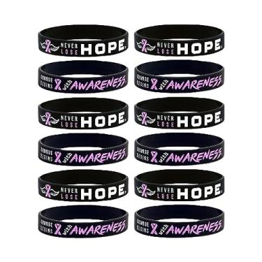 Imagem de 12 pulseiras pretas de conscientização do câncer de mama, pulseiras com esperança, força, coragem para eventos temáticos de câncer de mama, festas, pulseiras inspiradoras, conscientização do câncer de