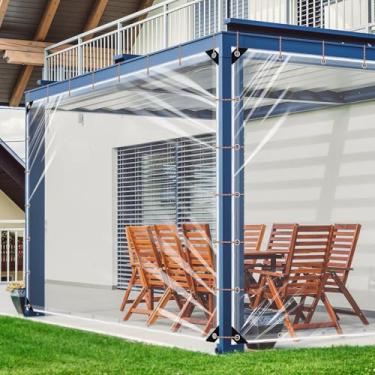 Imagem de Lonas transparentes de 3,5 x 3,5 m, resistente à prova d'água, cercado de vinil transparente de 14 mm, lona transparente de plástico PVC com ilhós para varandas ao ar livre, protetor de chuva de