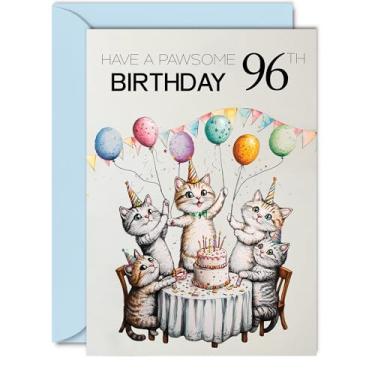 Imagem de Cartão de aniversário de 96 anos para homens e mulheres - Balões de gatos de festa pawsome - Cartões de feliz aniversário para homens de 96 anos, cartões comemorativos de aniversário de gato A5