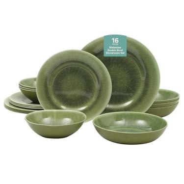 Imagem de Gibson Home Casper Court Conjunto de louça de melamina com 16 peças – Pratos e tigelas com aparência de esmalte reativo verde, serviço para 4 pessoas – Conjunto de jantar diário para lava-louças
