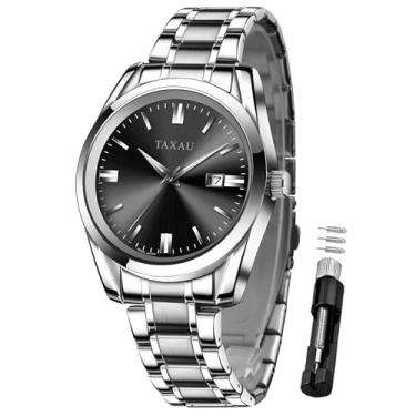 Imagem de Taxau Relógio masculino prata para homens, mostrador preto, relógio masculino com data, luxuoso, analógico, quartzo, aço inoxidável, à prova d'água, relógio masculino clássico, elegante e simples