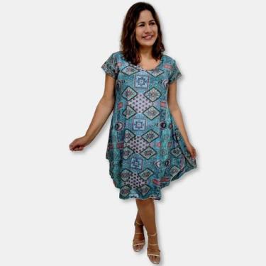 Imagem de Vestido Indiano Curto Trapézio Toque de Seda Estampado - Sarat Moda In