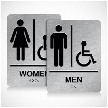 Imagem de DALLAHASEE Placa de banheiro ADA Braille Handicap com fita dupla face 3M - Placas de banheiro masculinas e femininas de alumínio para deficientes, 15 x 20 cm para escritórios, empresas e restaurantes