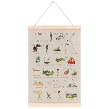 Imagem de laveliabel Moldura de cabide de pôster de berçário do alfabeto de golfe, decoração de quarto de infância, pôster de banner esportivo de golfe com cabide de madeira, decoração de arte de parede