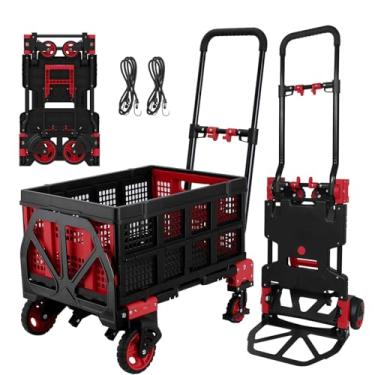 Imagem de Carrinho de mão e carrinho dobrável 2 em 1 com cesta dobrável – capacidade de 150 kg, resistente, 4 rodas que não marcam, alça retrátil para movimento, armazém, compras vermelha