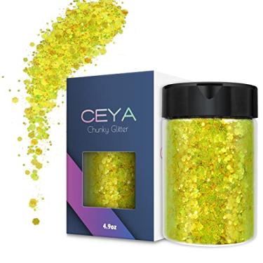 Imagem de Ceya Glitter grosso iridescente de alto brilho, 140 g amarelo limão neon em pó misturado flocos de opala fina lantejoulas para unhas de resina artesanal, arte de unhas, copos, pintura, globo de neve