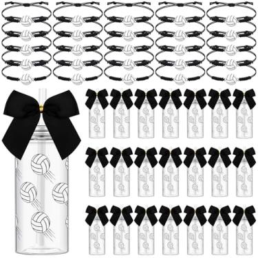 Imagem de Skylety Conjunto de 20 lembrancinhas de festa de vôlei, 20 peças de copos de plástico reutilizáveis de 382 g com tampa e palha, 20 peças de pulseiras para presentes de equipe de vôlei, aniversário