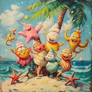 Imagem de Bullglesup Puzzles for Adults 1024 Pieces, Cartoon Beach with Turtle with Butterflies Jigsaw with Poster Letter on Back, Unique Pieces Fit Well No Dust (19.6"x19.6")