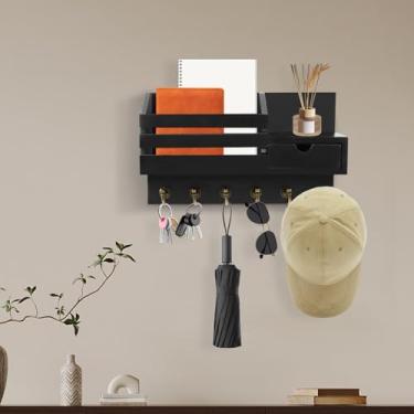 Imagem de Suporte de parede, porta-chaves com prateleira de madeira, organizador de correspondência, inclui suporte para cartas e 6 ganchos para sala de estar, cozinha, escritório, entrada, quarto, (preto)