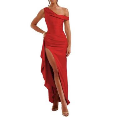 Imagem de Vestido de baile Alphirkut Long para mulheres, sereia, cetim, vermelho