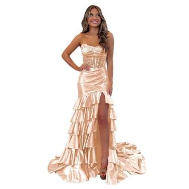 Imagem de Vestido de baile Mollyevers Mermaid, cetim, com babados, ouro rosa