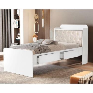 Imagem de Cama Solteiro com Baú 2 Gavetas Tamires Branco/Bege