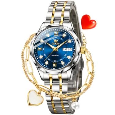 Imagem de OLEVS Relógios femininos luxuosos diamantes mecânicos automáticos vestido de pulso dois tons data dia, 6727: AZUL