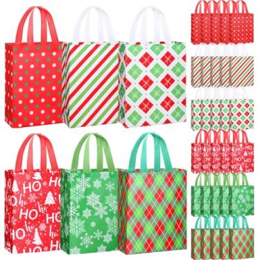 Imagem de Sweetude 60 peças de sacos de presente de festa de Natal a granel bolinhas floco de neve diamante listras diagonais padrões de elementos de Natal reutilizáveis não tecido sacolas com alças, 30 x 24 cm