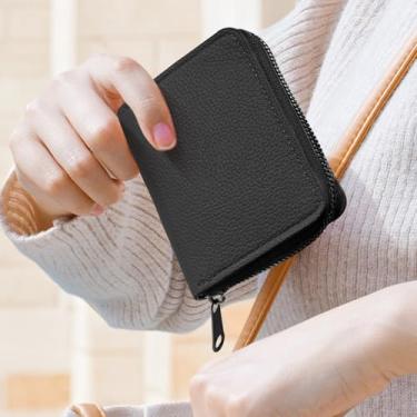 Imagem de Bolsa de couro moderna para cartões com 12 compartimentos para cartões e design com zíper, carteira multifuncional para homens e mulheres, porta-cartões de crédito para ambos os sexos, Preto