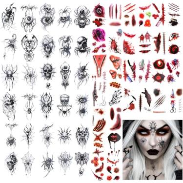 Imagem de 60 folhas de adesivos de tatuagem de Halloween, maquiagem de zumbi, ponto de cicatrizes falsas, tatuagens temporárias, folhas de cicatriz de sangue para rosto, fantasia de Halloween, cosplay