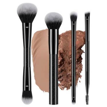 Imagem de Conjunto de 4 pincéis profissionais de maquiagem – inclui pó de ponta dupla e pincel de base em forma de língua, pincel de blush, 2 pincéis de sombra de ponta dupla, pincel de sobrancelha e pincel