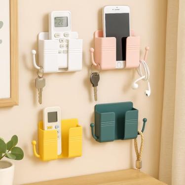 Imagem de 1 peça de suporte de telefone adesivo para parede, suporte de carregamento, suporte de controle remoto de cabeceira com orifício de carregamento para a maioria dos celulares, verde