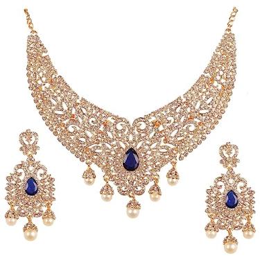 Imagem de Touchstone Conjunto de colar de joias de casamento indiano Bollywood lindo acabamento intrincado branco brilhante cristal strass cristal designer em tom dourado ou prata para mulheres., Strass, Sem Pedra Preciosa