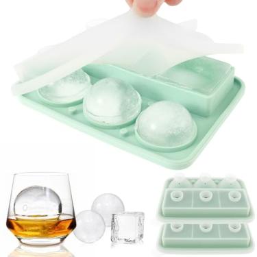 Imagem de 2 bandejas redondas de silicone para cubos de gelo, máquina de fazer bolas de gelo com tampa e funil, cubo de uísque reutilizável de fácil liberação para coquetéis, bourbon e bebidas